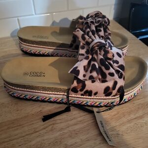 Coco + Carmen Leopard Bow Platform Slide Sandals - Pink & Brown New With Tags